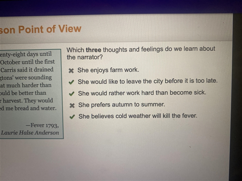 Which three thoughts and feelings do we learn about the narrator? She enjoys farm-example-1