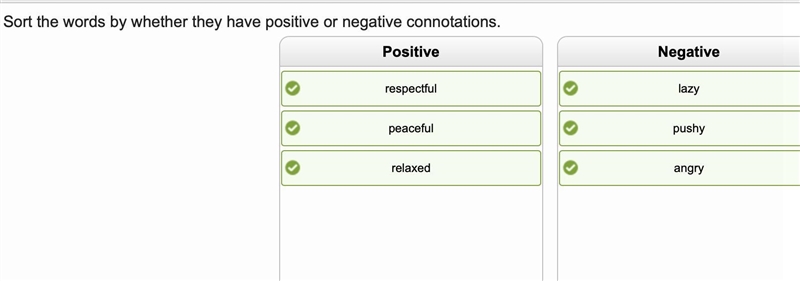 Decide whether the connotation of each word is positive or negative. Then, sort each-example-1