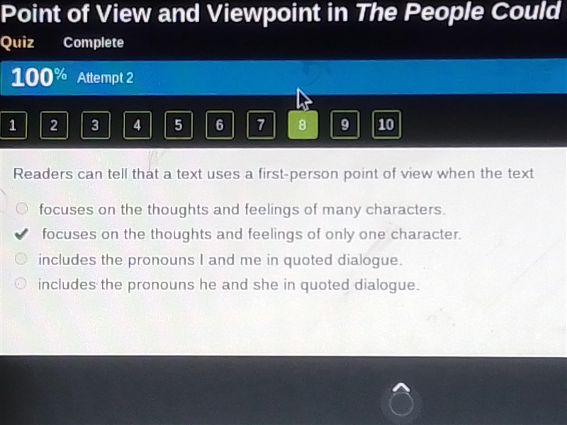 Readers can tell that a text uses a first-person point of view when the text A. focuses-example-1