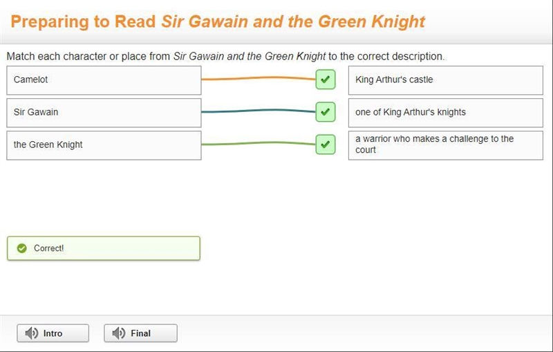 Match each character or place from Sir Gawain and the Green Knight to the correct-example-1