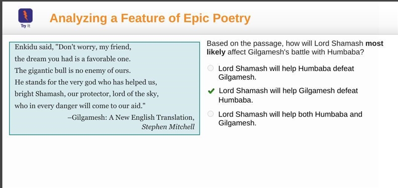 Based on the passage, how will Lord Shamash most likely affect Gilgamesh's battle-example-1