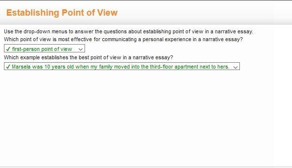 Use the drop-down menus to answer the questions about establishing point of view in-example-1