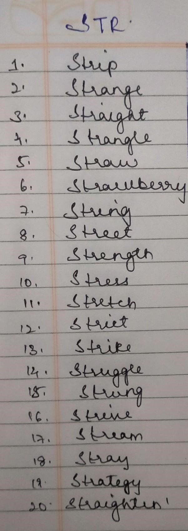 Write twenty words each with the following consonant blends i)/str/ ii)/spr/ iii)/scr-example-1