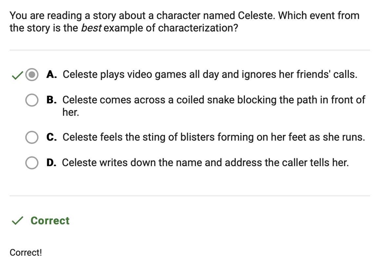 You are reading a story about a character named Celeste. Which event from the story-example-1