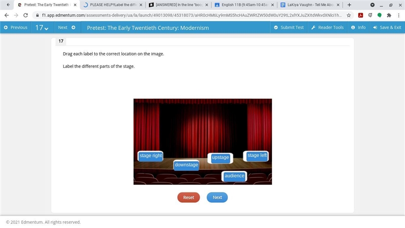 PLEASE HELP!! Label the different parts of the stage downstage stage left audience-example-1