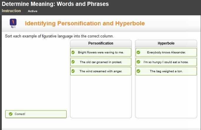 Sort each example of figurative language into the correct column.-example-1