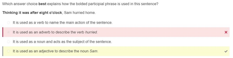 Which answer choice best explains how the bolded participial phrase is used in this-example-1