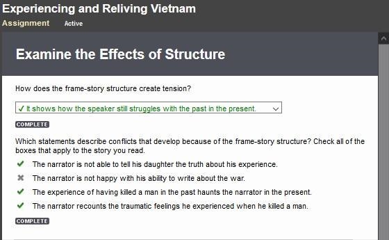 Which statements describe conflicts that develop because of the frame-story structure-example-1