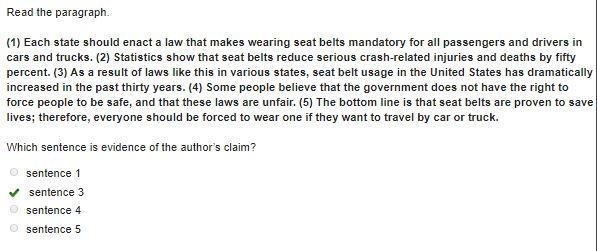 Read the paragraph. (1) Each state should enact a law that makes wearing seat belts-example-1