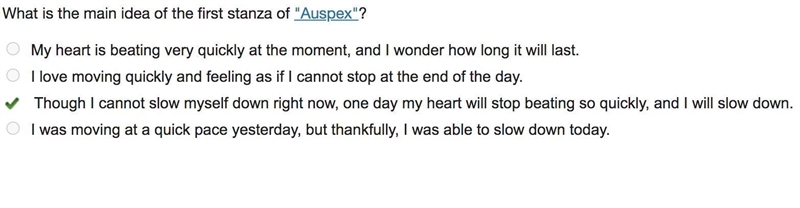 What is the main idea of the first stanza of "Auspex"? 1.My heart is beating-example-1