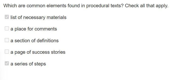 Which are common elements found in procedural texts? Check all that apply. bcl list-example-1