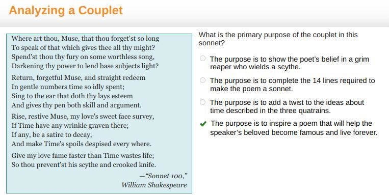 What is the primary purpose of the couplet in this sonnet? Abel Where art thou, Muse-example-1