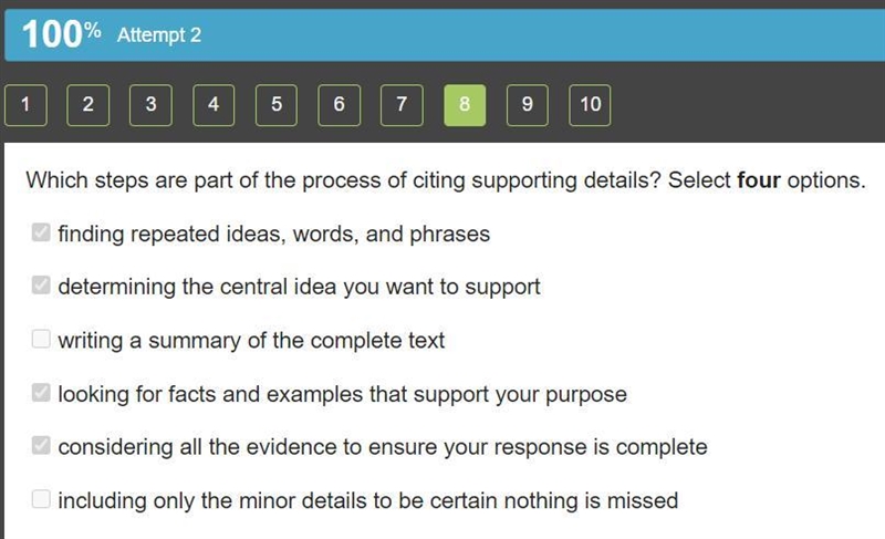 Which steps are part of the process of citing supporting details? Select four options-example-1