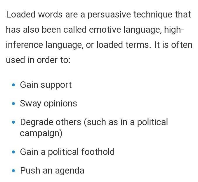 Which describes loaded language? It contains biased opinions. It contains highly emotional-example-1