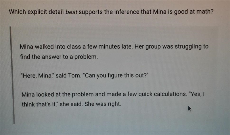 Which explicit detail best supports the inference that Mina is good at math? Mina-example-1