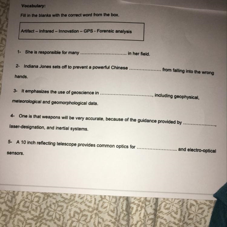 Vocabulary: Fill in the blanks with the correct word from the box. Artifact - Infrared-example-1