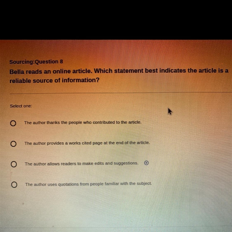 Bella reads an online article. Which statement best indicates the article is a reliable-example-1