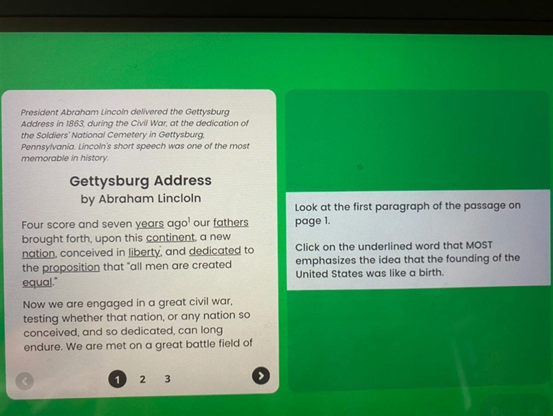 Gettysburg Address by Abraham Lincoln Look at the first paragraph of the passage on-example-1