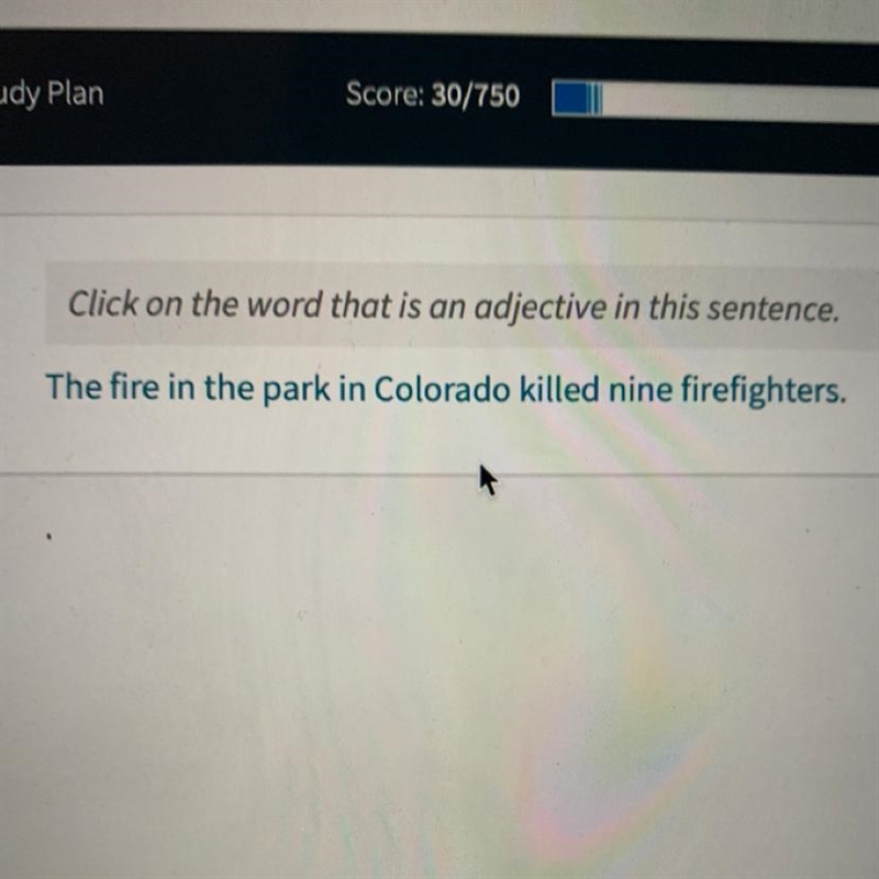 Click on the word that is an adjective in this sentence. The fire in the park in Colorado-example-1