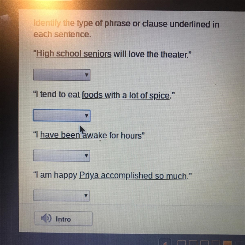 What type of phrase or clause is underlined in each sentence-example-1