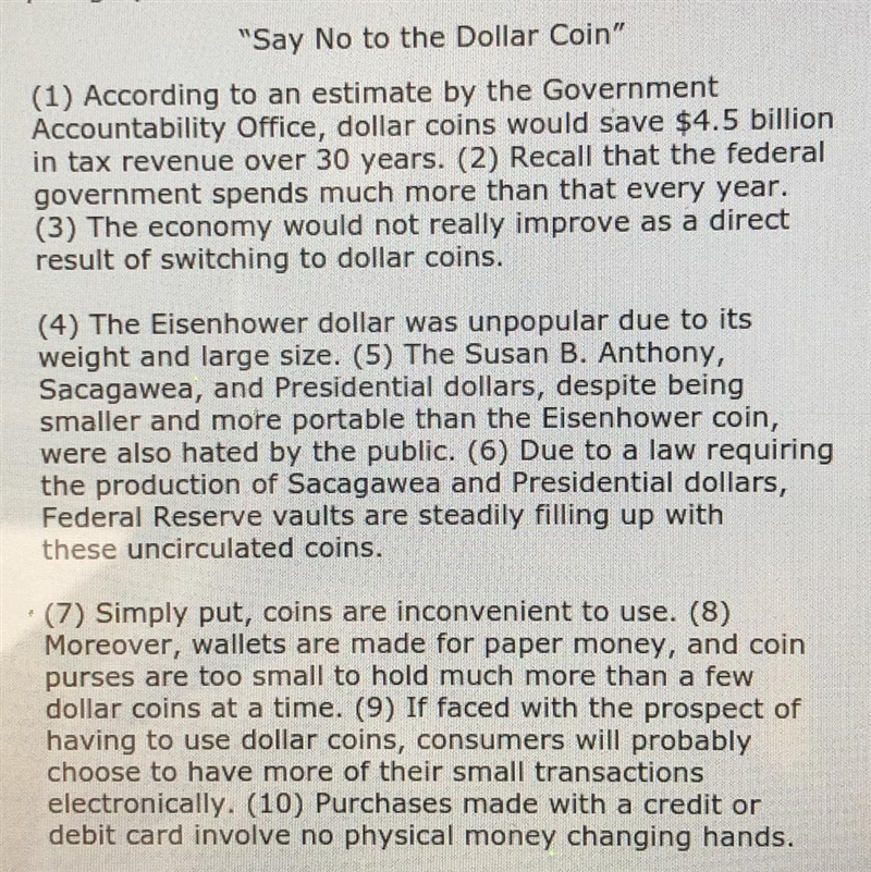 From "Say No to the Dollar Coin" Which sentence should May remove from her-example-1