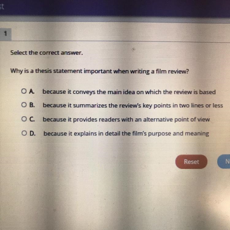 Select the correct answer. Why is a thesis statement important when writing a film-example-1