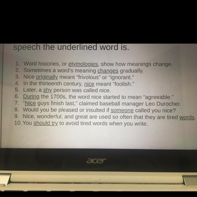 Identifying types of speech: Determine which part of speech is the underlined word-example-1