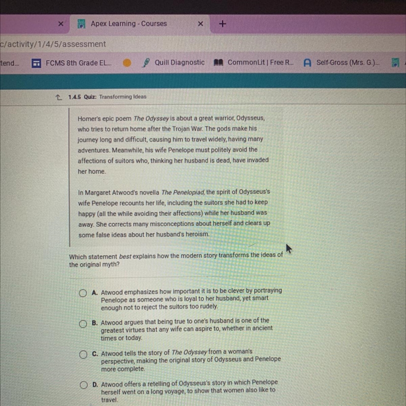 *A 21 t 14.5 Quiz: Transforming Ideas TV Homer's epic poem The Odyssey is about a-example-1