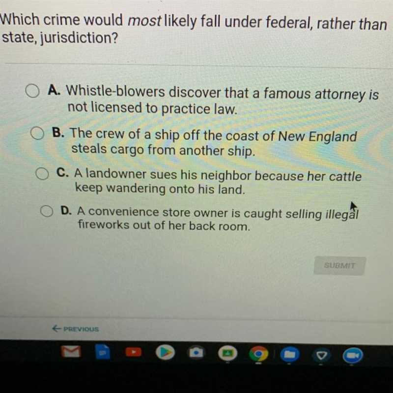 Help me please!! Which crime would most likely fall under federal, rather than state-example-1