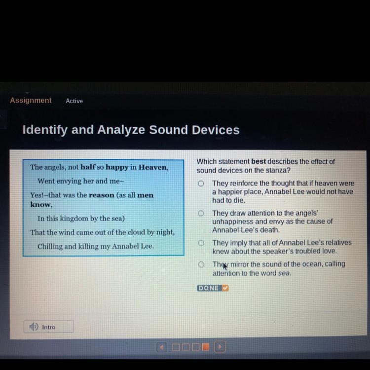 Which statement best describes the effect of sound devices on the stanza?-example-1