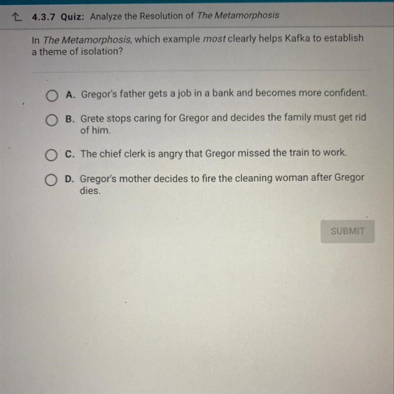 In The Metamorphosis, which example most clearly helps Kafka to establish a theme-example-1