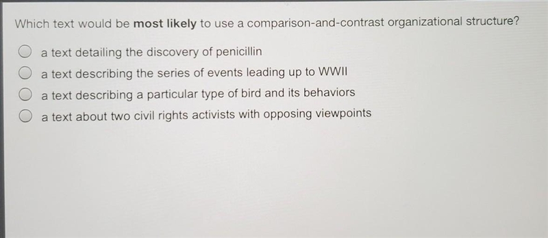 Which text would be most likely to use a comparison-and-contrast organizational structure-example-1