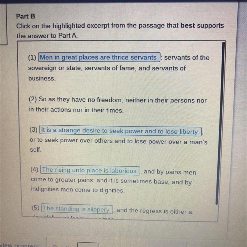 Part A was which statement best states the claim, or main point, that Bacon builds-example-1