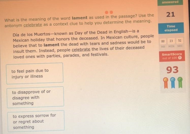 What is the meaning of the word lament as used in the passage? Use the antonym celebrate-example-1