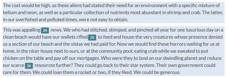 How do the people’s reactions to the aliens in paragraphs 33-34 contribute to the-example-1