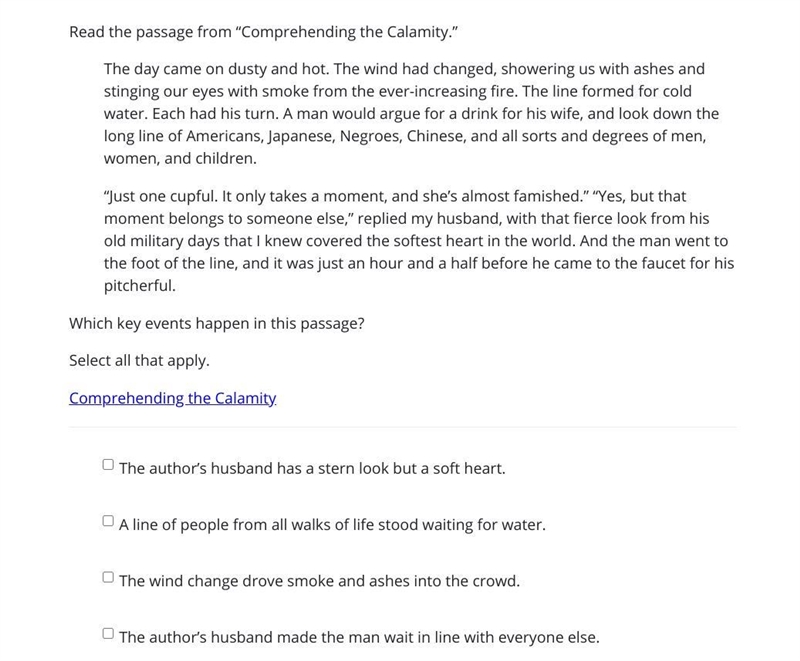 Read the passage from “Comprehending the Calamity.” The day came on dusty and hot-example-1