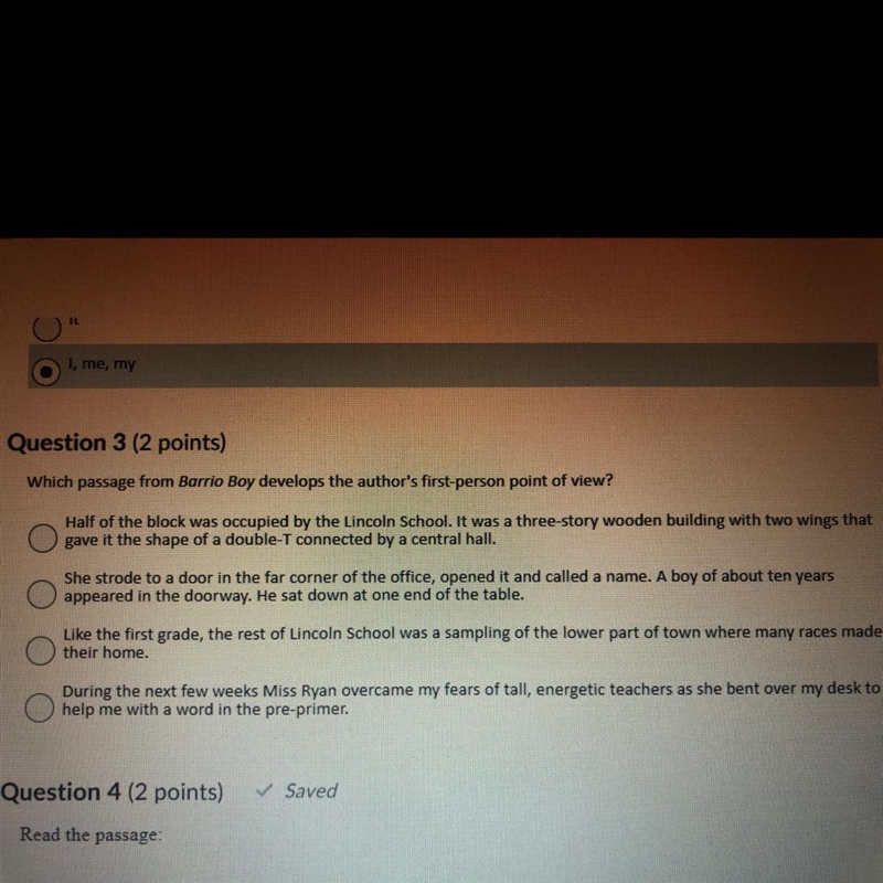 Which passage from Barrio Boy develops the author's first-person point of view?-example-1