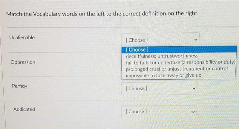 Match the Vocabulary words on the left to the correct definition on the right.​-example-1