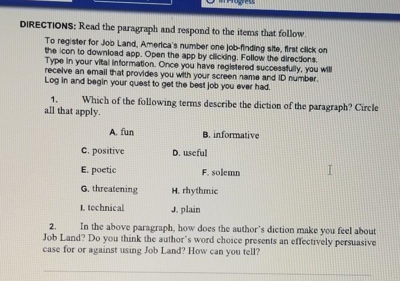 1. Which of the following terms describe the diction of the paragraph? Circle all-example-1