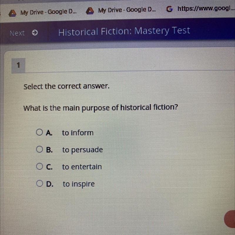 Select the correct answer. What is the main purpose of historical fiction? OA. to-example-1