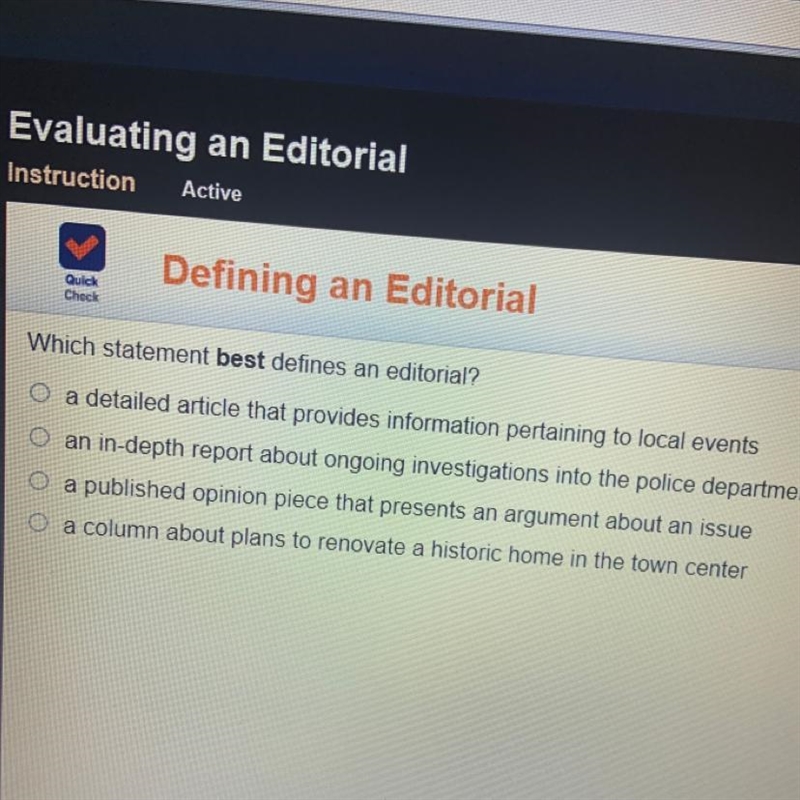 Which statement best defines an editorial?-example-1