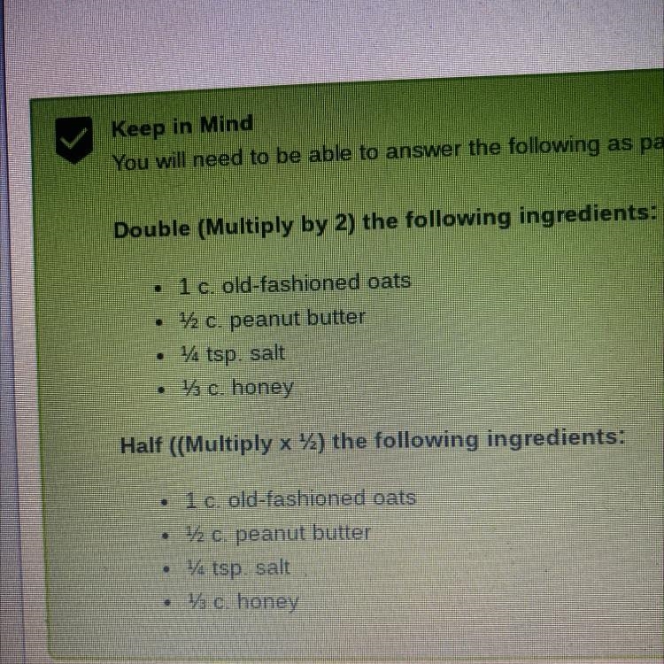 What are the double and half amounts for each ingredient?-example-1