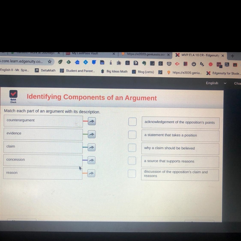 Match each part of an argument with its description. Abol counterargument acknowledgement-example-1