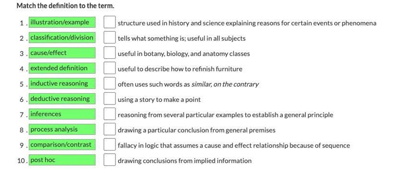 Match the definition to the term. TERMS A. illustration/example B. classification-example-1