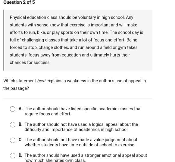 (helppp) Which statement best explains a weakness in the authors use of appeal in-example-1