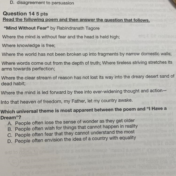 PLEASE ANSWER!!!!! Which universal theme is most apparent between the poem and &quot-example-1