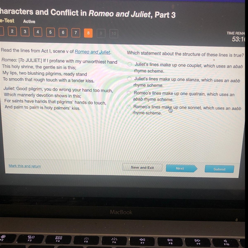 Read the lines from Act I, Scene v of Romeo and Juliet. Which statement about the-example-1