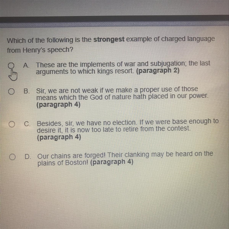 Which of the following is the strongest example of charged language from Henry's speech-example-1