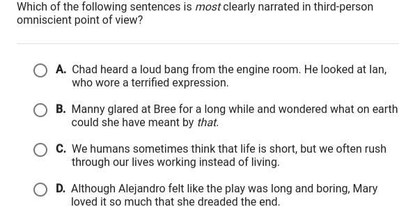 Which of the following sentences is most clearly narrated in third-person omniscient-example-1