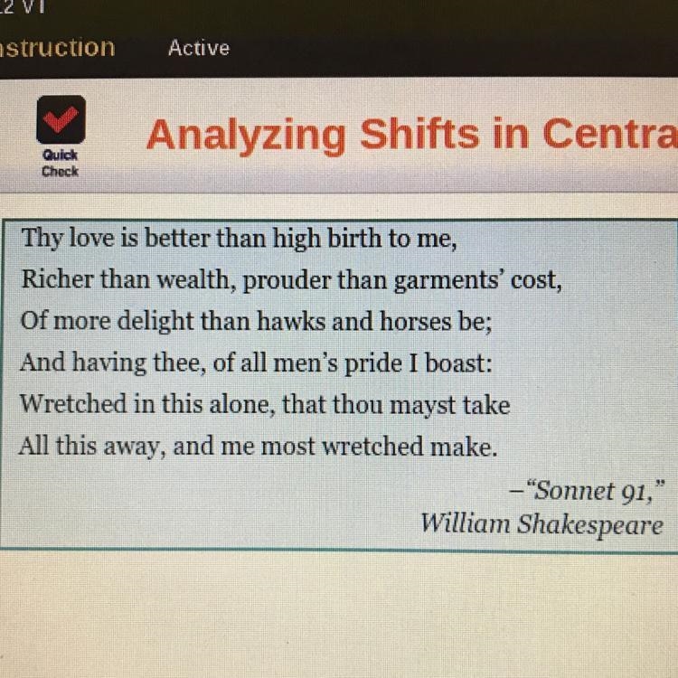 What is a shift in the central ideas of a sonnet called? a quatrain a volta a couplet-example-1